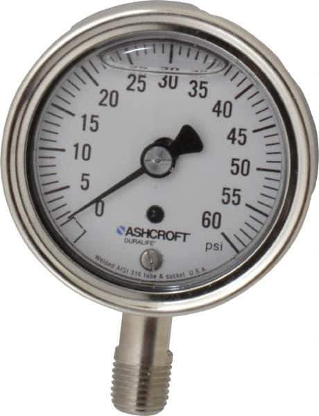 Ashcroft - 2-1/2" Dial, 1/4 Thread, 0-60 Scale Range, Pressure Gauge - Lower Connection Mount, Accurate to 1% of Scale - Exact Industrial Supply