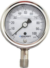 Ashcroft - 2-1/2" Dial, 1/4 Thread, 0-100 Scale Range, Pressure Gauge - Lower Connection Mount, Accurate to 1% of Scale - Exact Industrial Supply