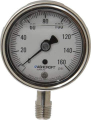 Ashcroft - 2-1/2" Dial, 1/4 Thread, 0-160 Scale Range, Pressure Gauge - Lower Connection Mount, Accurate to 1% of Scale - Exact Industrial Supply