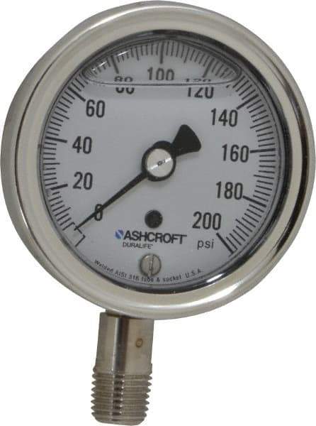 Ashcroft - 2-1/2" Dial, 1/4 Thread, 0-200 Scale Range, Pressure Gauge - Lower Connection Mount, Accurate to 1% of Scale - Exact Industrial Supply