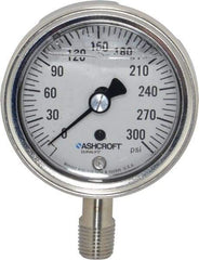 Ashcroft - 2-1/2" Dial, 1/4 Thread, 0-300 Scale Range, Pressure Gauge - Lower Connection Mount, Accurate to 1% of Scale - Exact Industrial Supply