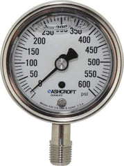 Ashcroft - 2-1/2" Dial, 1/4 Thread, 0-600 Scale Range, Pressure Gauge - Lower Connection Mount, Accurate to 1% of Scale - Exact Industrial Supply