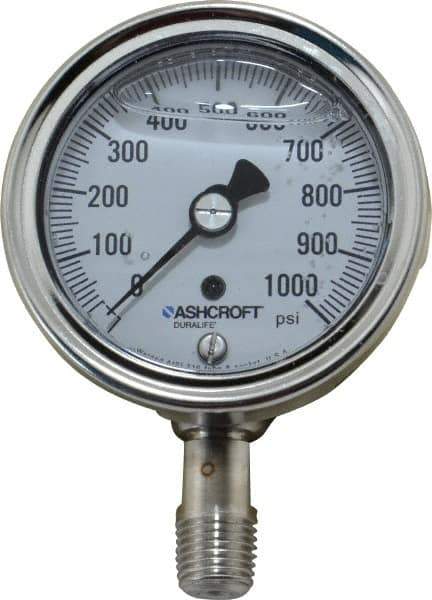 Ashcroft - 2-1/2" Dial, 1/4 Thread, 0-1,000 Scale Range, Pressure Gauge - Lower Connection Mount, Accurate to 1% of Scale - Exact Industrial Supply