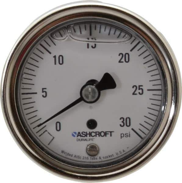 Ashcroft - 2-1/2" Dial, 1/4 Thread, 0-30 Scale Range, Pressure Gauge - Center Back Connection Mount, Accurate to 1% of Scale - Exact Industrial Supply