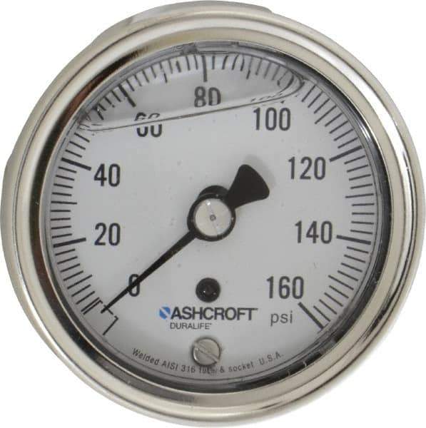 Ashcroft - 2-1/2" Dial, 1/4 Thread, 0-160 Scale Range, Pressure Gauge - Center Back Connection Mount, Accurate to 1% of Scale - Exact Industrial Supply