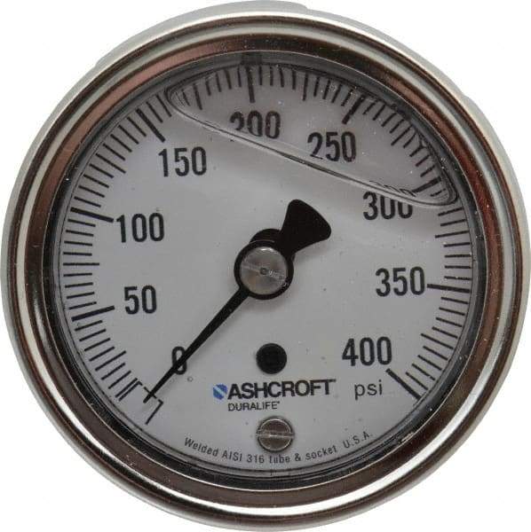 Ashcroft - 2-1/2" Dial, 1/4 Thread, 0-400 Scale Range, Pressure Gauge - Center Back Connection Mount, Accurate to 1% of Scale - Exact Industrial Supply