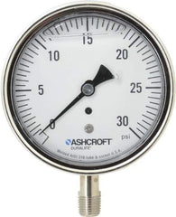 Ashcroft - 3-1/2" Dial, 1/4 Thread, 0-30 Scale Range, Pressure Gauge - Lower Connection Mount, Accurate to 1% of Scale - Exact Industrial Supply