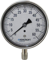 Ashcroft - 3-1/2" Dial, 1/4 Thread, 0-60 Scale Range, Pressure Gauge - Lower Connection Mount, Accurate to 1% of Scale - Exact Industrial Supply