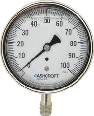 Ashcroft - 3-1/2" Dial, 1/4 Thread, 0-100 Scale Range, Pressure Gauge - Lower Connection Mount, Accurate to 1% of Scale - Exact Industrial Supply