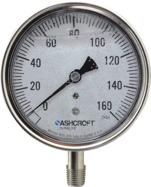 Ashcroft - 3-1/2" Dial, 1/4 Thread, 0-160 Scale Range, Pressure Gauge - Lower Connection Mount, Accurate to 1% of Scale - Exact Industrial Supply