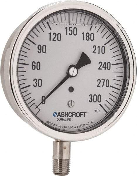 Ashcroft - 3-1/2" Dial, 1/4 Thread, 0-300 Scale Range, Pressure Gauge - Lower Connection Mount, Accurate to 1% of Scale - Exact Industrial Supply