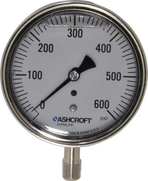 Ashcroft - 3-1/2" Dial, 1/4 Thread, 0-600 Scale Range, Pressure Gauge - Lower Connection Mount, Accurate to 1% of Scale - Exact Industrial Supply