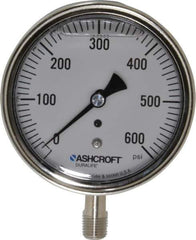 Ashcroft - 3-1/2" Dial, 1/4 Thread, 0-600 Scale Range, Pressure Gauge - Lower Connection Mount, Accurate to 1% of Scale - Exact Industrial Supply