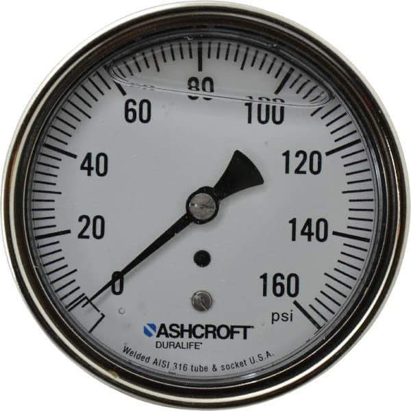 Ashcroft - 3-1/2" Dial, 1/4 Thread, 0-160 Scale Range, Pressure Gauge - Center Back Connection Mount, Accurate to 1% of Scale - Exact Industrial Supply