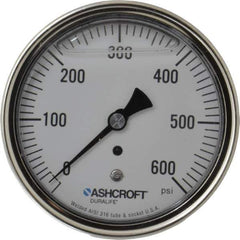 Ashcroft - 3-1/2" Dial, 1/4 Thread, 0-600 Scale Range, Pressure Gauge - Center Back Connection Mount, Accurate to 1% of Scale - Exact Industrial Supply