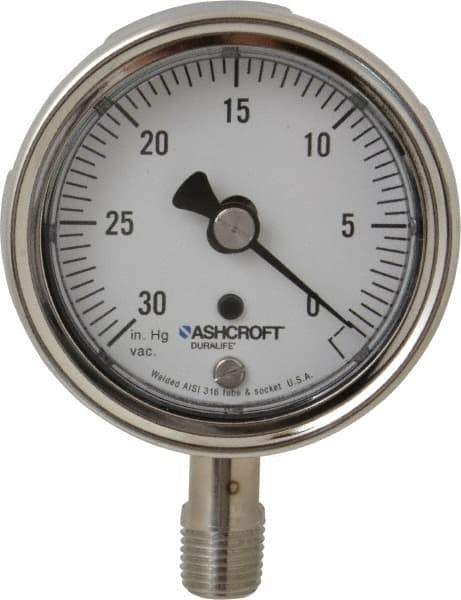 Ashcroft - 2-1/2" Dial, 1/4 Thread, 30-0 Scale Range, Pressure Gauge - Lower Connection Mount, Accurate to 1% of Scale - Exact Industrial Supply
