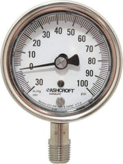 Ashcroft - 2-1/2" Dial, 1/4 Thread, 30-0-100 Scale Range, Pressure Gauge - Lower Connection Mount, Accurate to 1% of Scale - Exact Industrial Supply