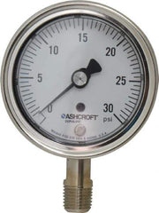 Ashcroft - 2-1/2" Dial, 1/4 Thread, 0-30 Scale Range, Pressure Gauge - Lower Connection Mount, Accurate to 1% of Scale - Exact Industrial Supply