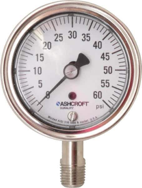 Ashcroft - 2-1/2" Dial, 1/4 Thread, 0-60 Scale Range, Pressure Gauge - Lower Connection Mount, Accurate to 1% of Scale - Exact Industrial Supply