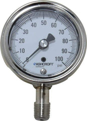 Ashcroft - 2-1/2" Dial, 1/4 Thread, 0-100 Scale Range, Pressure Gauge - Lower Connection Mount, Accurate to 1% of Scale - Exact Industrial Supply