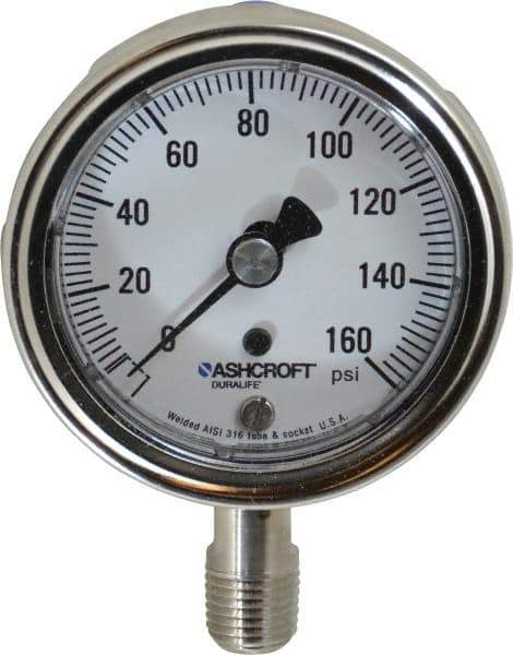 Ashcroft - 2-1/2" Dial, 1/4 Thread, 0-160 Scale Range, Pressure Gauge - Lower Connection Mount, Accurate to 1% of Scale - Exact Industrial Supply