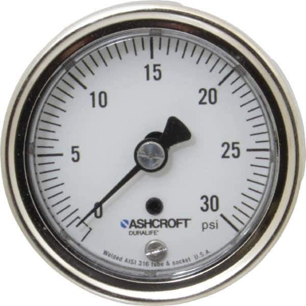 Ashcroft - 2-1/2" Dial, 1/4 Thread, 0-30 Scale Range, Pressure Gauge - Center Back Connection Mount, Accurate to 1% of Scale - Exact Industrial Supply