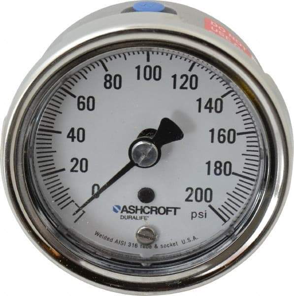 Ashcroft - 2-1/2" Dial, 1/4 Thread, 0-200 Scale Range, Pressure Gauge - Lower Back Connection Mount, Accurate to 1% of Scale - Exact Industrial Supply