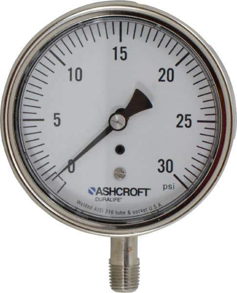 Ashcroft - 3-1/2" Dial, 1/4 Thread, 0-30 Scale Range, Pressure Gauge - Lower Connection Mount, Accurate to 1% of Scale - Exact Industrial Supply