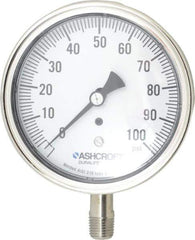 Ashcroft - 3-1/2" Dial, 1/4 Thread, 0-100 Scale Range, Pressure Gauge - Lower Connection Mount, Accurate to 1% of Scale - Exact Industrial Supply