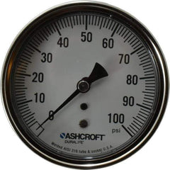 Ashcroft - 3-1/2" Dial, 1/4 Thread, 0-100 Scale Range, Pressure Gauge - Center Back Connection Mount, Accurate to 1% of Scale - Exact Industrial Supply