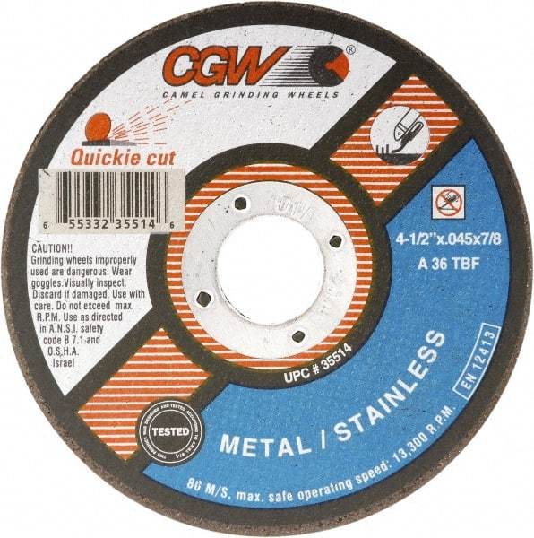 Camel Grinding Wheels - 7" 36 Grit Aluminum Oxide Cutoff Wheel - 1/16" Thick, 7/8" Arbor, 8,500 Max RPM - Exact Industrial Supply