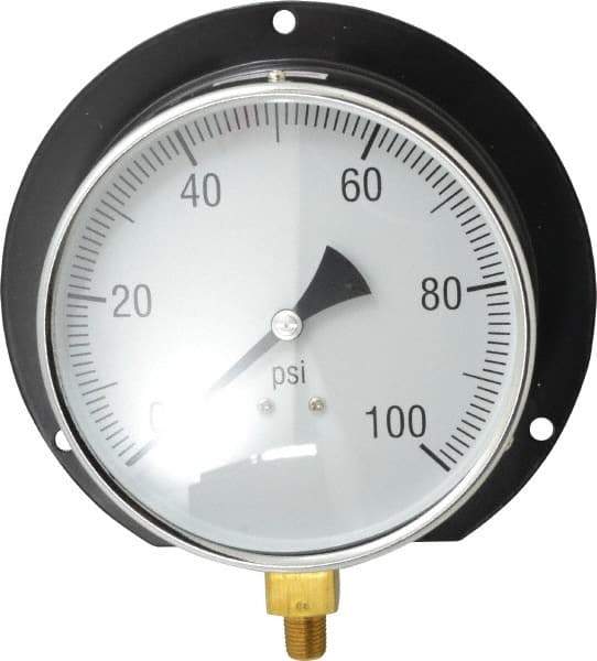 Value Collection - 6" Dial, 1/4 Thread, 0-100 Scale Range, Pressure Gauge - Lower Connection, Rear Flange Connection Mount, Accurate to 3-2-3% of Scale - Exact Industrial Supply