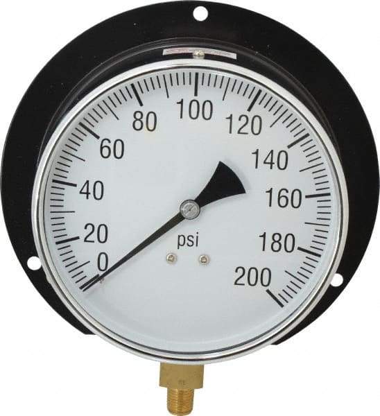 Value Collection - 6" Dial, 1/4 Thread, 0-200 Scale Range, Pressure Gauge - Lower Connection, Rear Flange Connection Mount, Accurate to 3-2-3% of Scale - Exact Industrial Supply