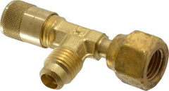 Parker - 500 Max psi, 1/4 Tube OD, Forged Flared Female Run Swivel Tee with Depressor Access Valve - Brass - Exact Industrial Supply