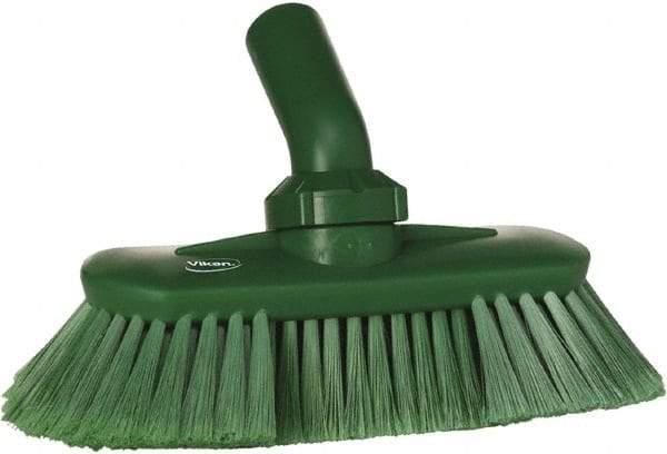 Vikan - 1-1/2" Bristle Length, Polyester Wash Brush - 7-3/4" Long x 3" Wide Head, 8" OAL, European Threaded Handle, Green, Polypropylene Block, Flagged - Exact Industrial Supply