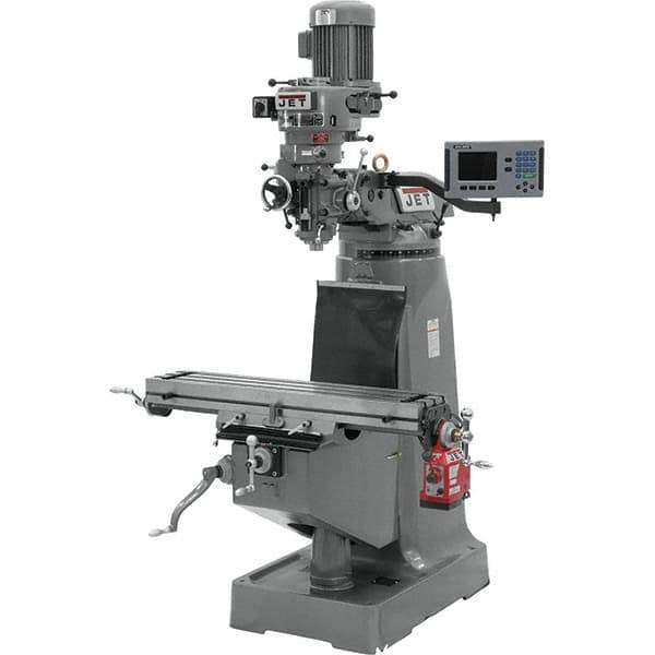 Jet - 9" Table Width x 42" Table Length, Step Pulley Control, 3 Phase Knee Milling Machine - R8 Spindle Taper, 2 hp - Exact Industrial Supply