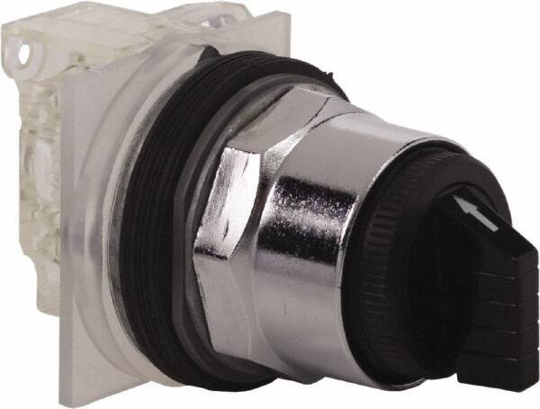 Schneider Electric - 1.18 Inch Mount Hole, 3 Position, Knob and Pushbutton Operated, Selector Switch - Black, Momentary (MO), NO/NC, Weatherproof and Dust and Oil Resistant - Exact Industrial Supply