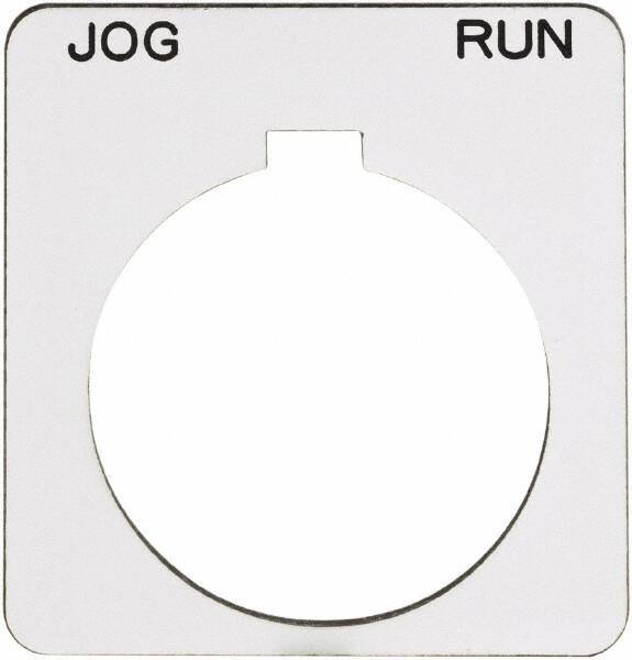 Schneider Electric - Square, Plastic Legend Plate - Jog-Run - White Background, Black Letters, 1.22 Inch Hole Diameter, 1-3/4 Inch Square - Exact Industrial Supply