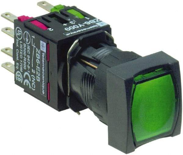 Schneider Electric - 16mm Mount Hole, Flush, Pushbutton Switch with Contact Block - Square, Green Pushbutton, Illuminated, Momentary (MO) - Exact Industrial Supply