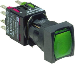 Schneider Electric - 16mm Mount Hole, Flush, Pushbutton Switch with Contact Block - Square, Green Pushbutton, Illuminated, Momentary (MO) - Exact Industrial Supply