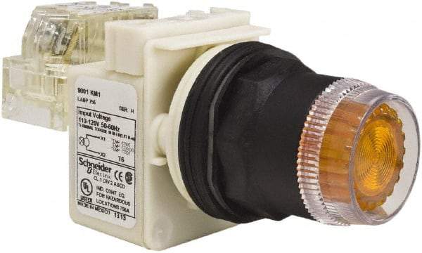 Schneider Electric - 30mm Mount Hole, Extended Straight, Pushbutton Switch with Contact Block - Amber Pushbutton, Momentary (MO) - Exact Industrial Supply