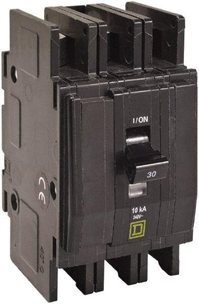 Square D - 30 Amp, 240 VAC, 3 Pole, DIN Rail Mounted, Flush Mount, Surface Mount Miniature Circuit Breaker - Thermal Magnetic Trip, 10 kA at 120/240 VAC Breaking Capacity, 14-2 (Aluminum), 14-2 (Copper) AWG, 74mm Deep x 103mm High x 19mm Wide - Exact Industrial Supply