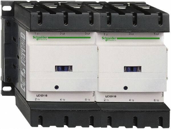 Schneider Electric - 3 Pole, 110 Coil VAC at 50/60 Hz, 115 Amp at 440 VAC, Reversible IEC Contactor - 3 Phase hp: 100 at 575/600 VAC, 30 at 200/208 VAC, 40 at 230/240 VAC, 75 at 460/480 VAC - Exact Industrial Supply