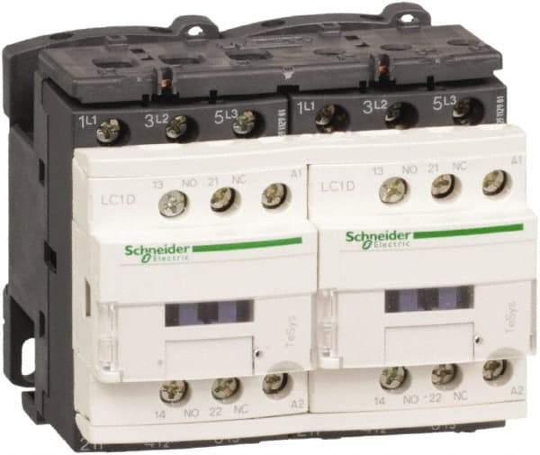 Schneider Electric - 3 Pole, 24 Coil VDC, 12 Amp at 440 VAC, Reversible IEC Contactor - 1 Phase hp: 1 at 115 VAC, 2 at 230/240 VAC, 3 Phase hp: 10 at 575/600 VAC, 3 at 200/208 VAC, 3 at 230/240 VAC, 7.5 at 460/480 VAC - Exact Industrial Supply