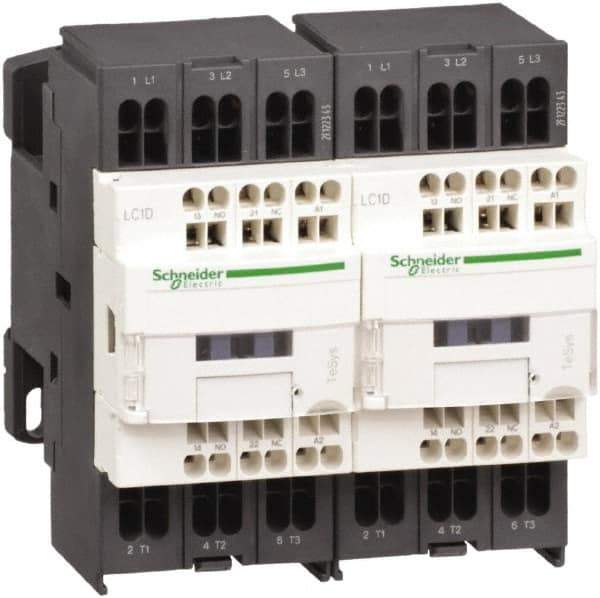 Schneider Electric - 3 Pole, 24 Coil VDC, 9 Amp at 440 VAC, Reversible IEC Contactor - 1 Phase hp: 0.5 at 115 VAC, 1 at 230/240 VAC, 3 Phase hp: 2 at 200/208 VAC, 2 at 230/240 VAC, 5 at 460/480 VAC, 7.5 at 575/600 VAC - Exact Industrial Supply