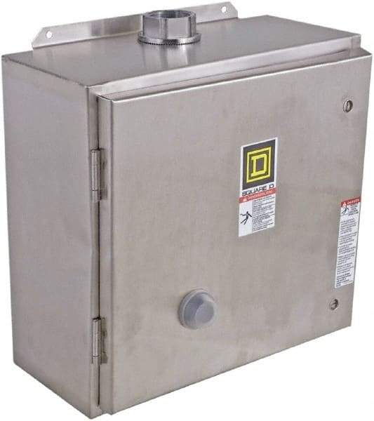 Square D - 110 Coil VAC at 50 Hz, 120 Coil VAC at 60 Hz, 27 Amp, NEMA Size 1, Reversible Enclosed Enclosure NEMA Motor Starter - 3 Phase hp: 10 at 460 VAC, 10 at 575 VAC, 7-1/2 at 200 VAC, 7-1/2 at 230 VAC, 4x Enclosure Rating - Exact Industrial Supply