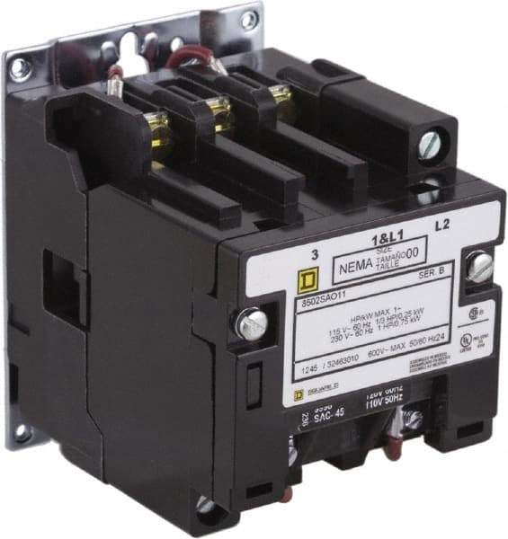 Square D - 2 Pole, 110 Coil VAC at 50 Hz and 120 Coil VAC at 60 Hz, 9 Amp NEMA Contactor - Open Enclosure, 50 Hz at 110 VAC and 60 Hz at 120 VAC - Exact Industrial Supply