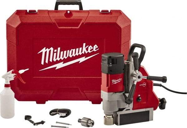 Milwaukee Tool - 1-5/8" Chuck, 5.125" Travel, Portable Electromagnetic Drill Press - 470-730 RPM, 13 Amps, 2.3 hp, 1750 Watts - Exact Industrial Supply