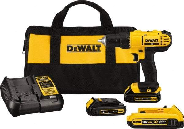 DeWALT - 20 Volt 1/2" Chuck Mid-Handle Cordless Drill - 0-450 & 0-1500 RPM, Single-Sleeve Ratcheting Chuck, Reversible, 3 Lithium-Ion Batteries Included - Exact Industrial Supply