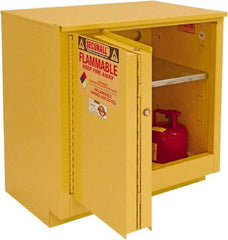 Securall Cabinets - 2 Door, 1 Shelf, Yellow Steel Under the Counter Safety Cabinet for Flammable and Combustible Liquids - 35-5/8" High x 35" Wide x 22" Deep, Sliding Door, 3 Point Key Lock, 24 Gal Capacity - Exact Industrial Supply